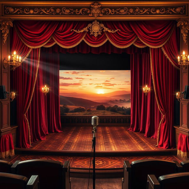 A classic stage set for a theatrical performance, complete with elegant velvet curtains in deep red, ornate golden embellishments, and vintage theatrical lighting