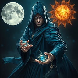 An elegant 35-year-old male sorcerer poised in a fierce combat stance, captured in a full body view within a dark and celestial environment