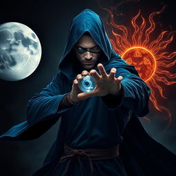 An elegant 35-year-old male sorcerer poised in a fierce combat stance, captured in a full body view within a dark and celestial environment