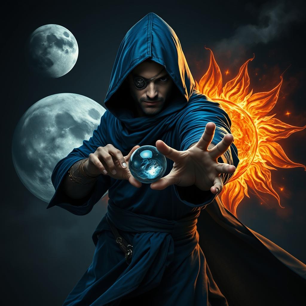 An elegant 35-year-old male sorcerer poised in a fierce combat stance, captured in a full body view within a dark and celestial environment