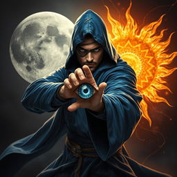 An elegant 35-year-old male sorcerer poised in a fierce combat stance, captured in a full body view within a dark and celestial environment