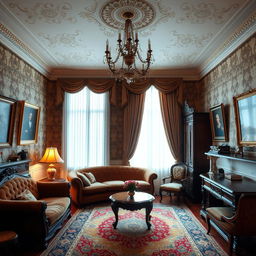 A classic room with elegant furnishings, featuring ornate wallpaper, a chandelier hanging from the ceiling, and rich wooden furniture