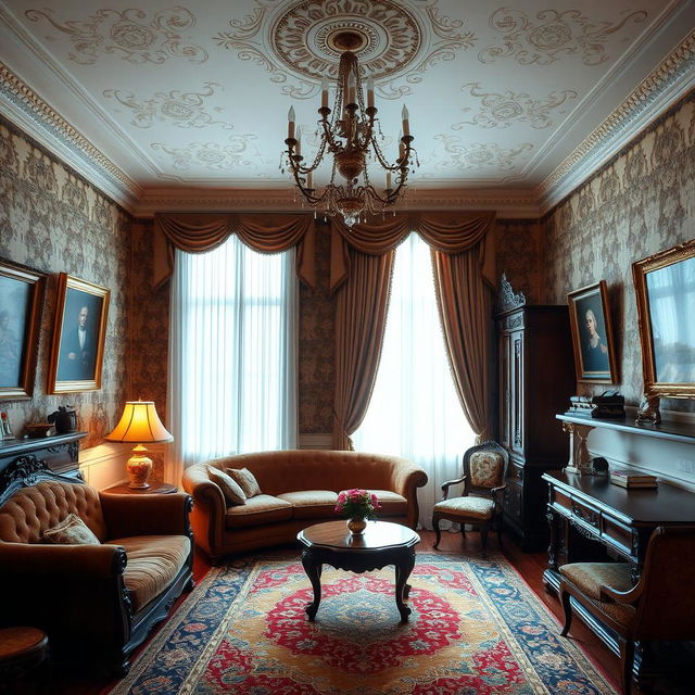 A classic room with elegant furnishings, featuring ornate wallpaper, a chandelier hanging from the ceiling, and rich wooden furniture