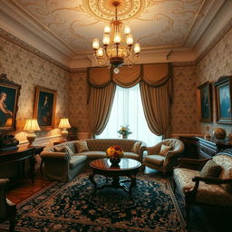 A classic room with elegant furnishings, featuring ornate wallpaper, a chandelier hanging from the ceiling, and rich wooden furniture