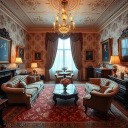 A classic room with elegant furnishings, featuring ornate wallpaper, a chandelier hanging from the ceiling, and rich wooden furniture