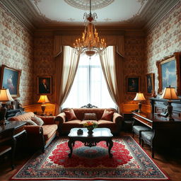 A classic room with elegant furnishings, featuring ornate wallpaper, a chandelier hanging from the ceiling, and rich wooden furniture