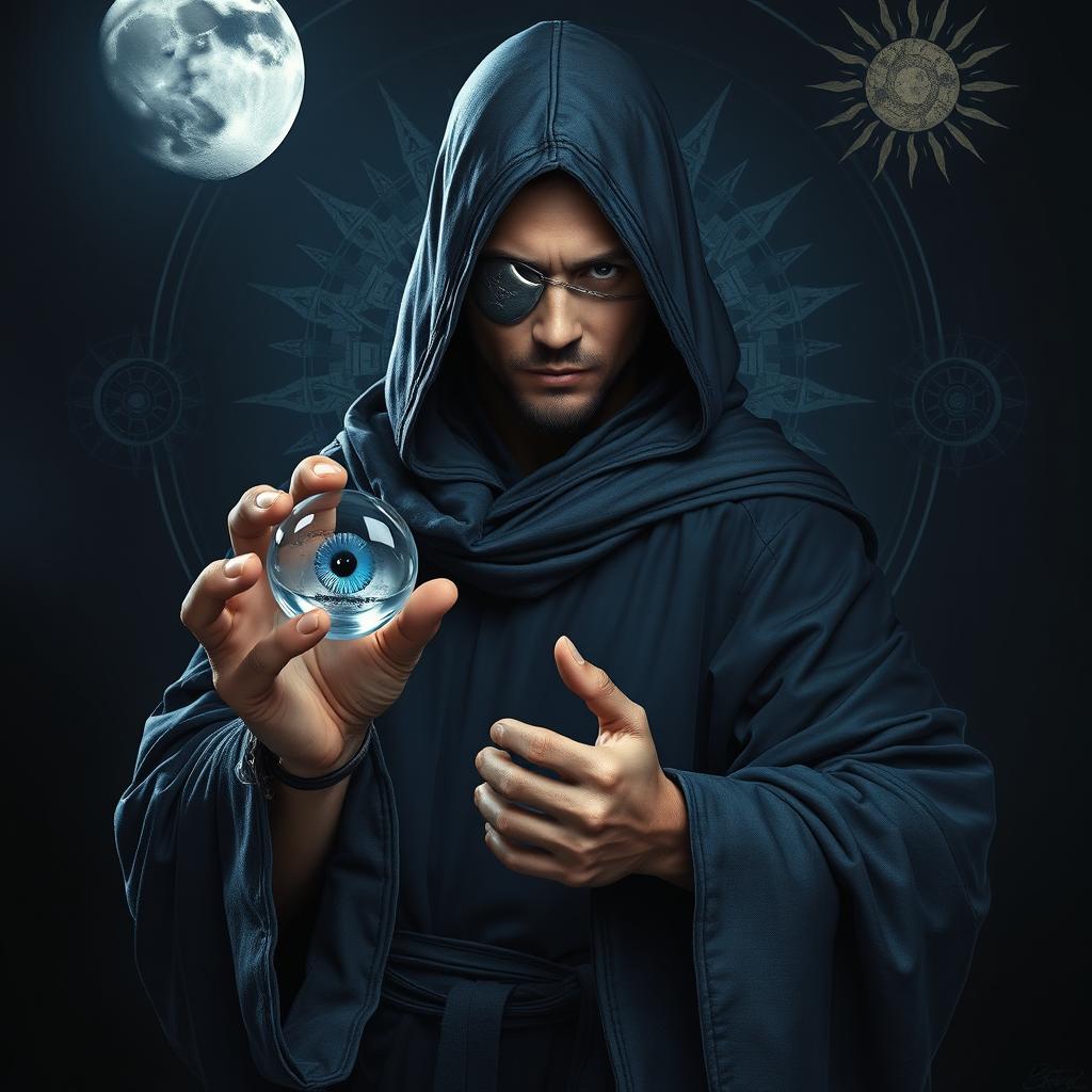 An elegant 35-year-old male sorcerer poised in a combat stance, depicted in a dark and celestial environment