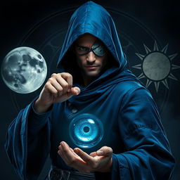 An elegant 35-year-old male sorcerer poised in a combat stance, depicted in a dark and celestial environment