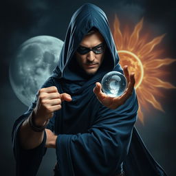 An elegant 35-year-old male sorcerer poised in a combat stance, depicted in a dark and celestial environment