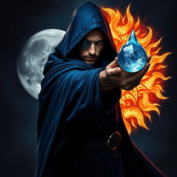 An elegant 35-year-old male sorcerer poised in a combat stance, depicted in a dark and celestial environment