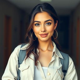 A beautiful 25-year-old woman dressed as a stylish student stands front-facing, looking directly at the camera with a provocative expression