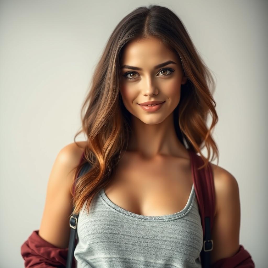 A beautiful 25-year-old woman dressed as a stylish student stands front-facing, looking directly at the camera with a provocative expression