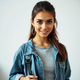 A beautiful 25-year-old woman dressed as a stylish student stands front-facing, looking directly at the camera with a provocative expression