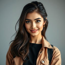 A beautiful 25-year-old woman dressed as a stylish student stands front-facing, looking directly at the camera with a provocative expression