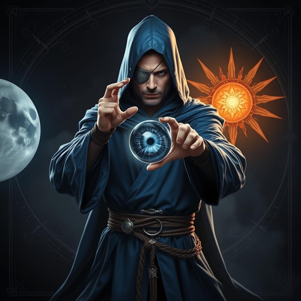 An elegant 35-year-old male sorcerer poised in a combat stance within a dark and celestial environment