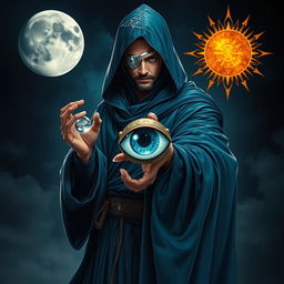 An elegant 35-year-old male sorcerer poised in a combat stance within a dark and celestial environment