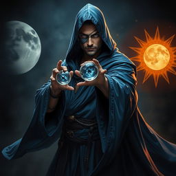 An elegant 35-year-old male sorcerer poised in a combat stance within a dark and celestial environment