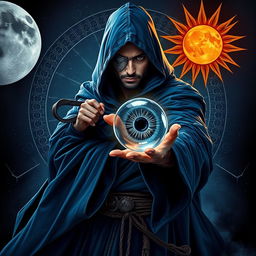 An elegant 35-year-old male sorcerer poised in a combat stance within a dark and celestial environment