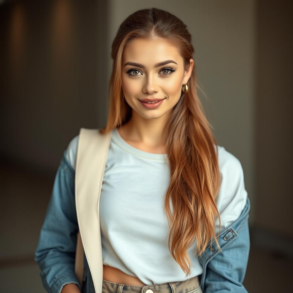 A beautiful 25-year-old woman dressed in a fashionable student outfit stands front-facing, looking directly at the camera with a provocative expression