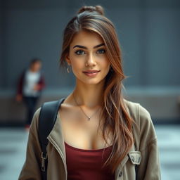 A beautiful 25-year-old woman dressed in a fashionable student outfit stands front-facing, looking directly at the camera with a provocative expression