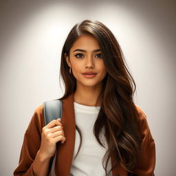 A beautiful 25-year-old woman dressed in a fashionable student outfit stands front-facing, looking directly at the camera with a provocative expression