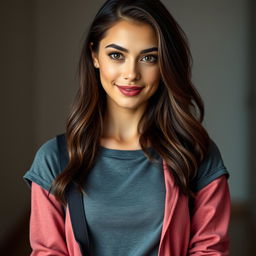 A beautiful 25-year-old woman dressed in a fashionable student outfit stands front-facing, looking directly at the camera with a provocative expression