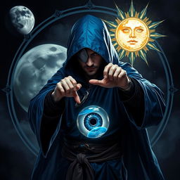 An elegant 35-year-old male sorcerer poised in a combat stance within a dark and celestial environment