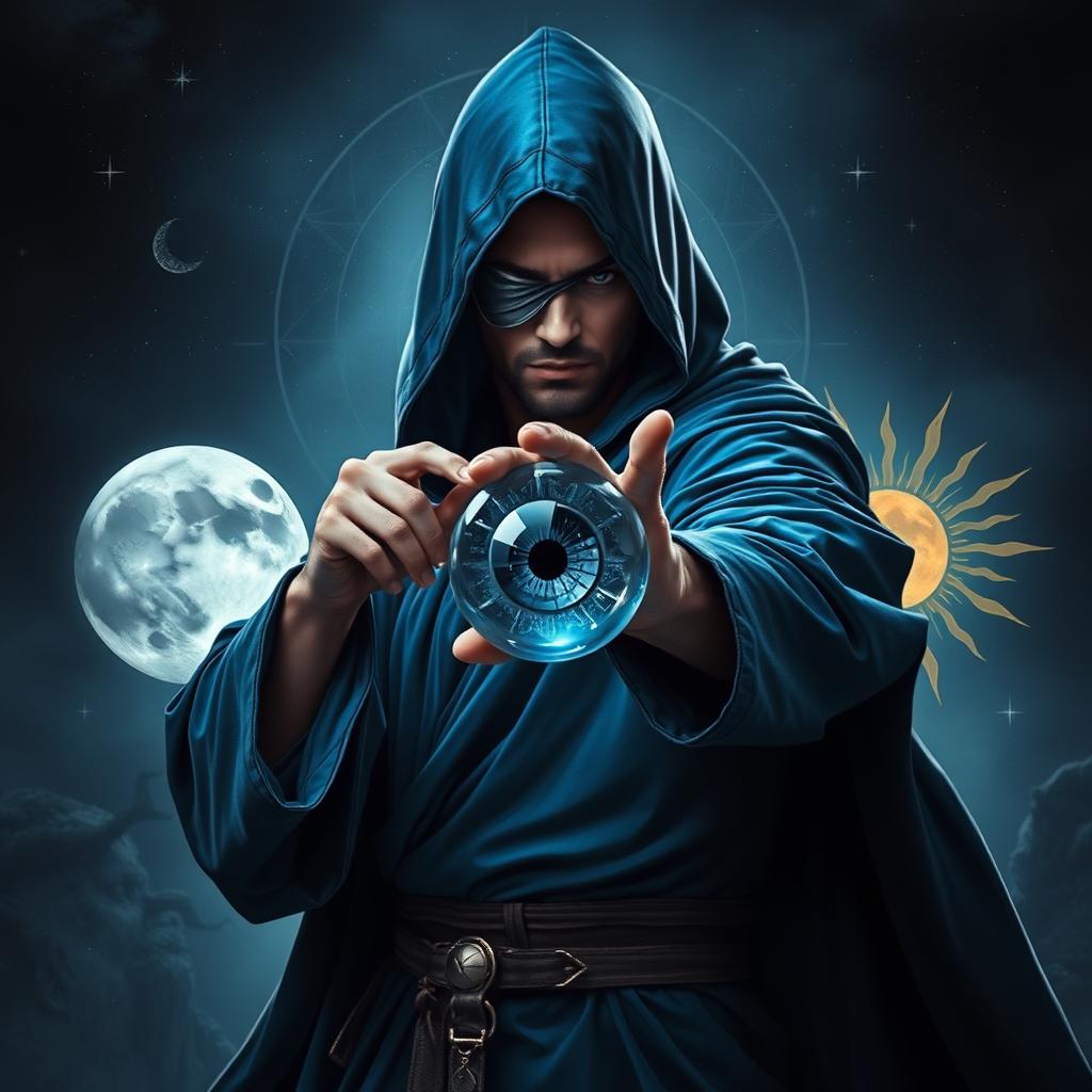 An elegant 35-year-old male sorcerer poised in a combat stance within a dark and celestial environment