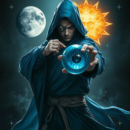 An elegant 35-year-old male sorcerer poised in a combat stance within a dark and celestial environment