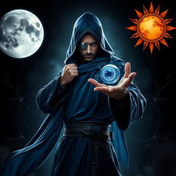An elegant 35-year-old male sorcerer poised in a combat stance within a dark and celestial environment