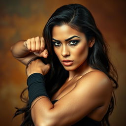 A dramatic portrait of a powerful, confident woman striking a pose in an artistic manner