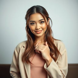 A stunning 25-year-old woman dressed in a chic student outfit poses front-facing, gazing directly at the camera with a provocative expression
