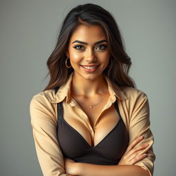 A stunning 25-year-old woman dressed in a chic student outfit poses front-facing, gazing directly at the camera with a provocative expression