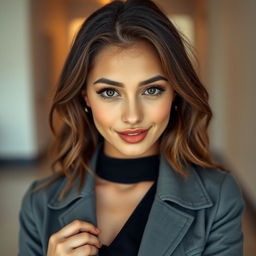 A stunning 25-year-old woman dressed in a chic student outfit poses front-facing, gazing directly at the camera with a provocative expression