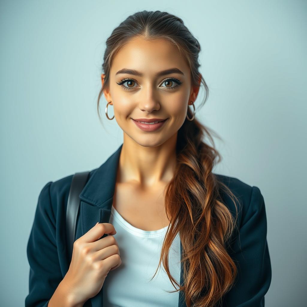 A stunning 25-year-old woman dressed in a chic student outfit poses front-facing, gazing directly at the camera with a provocative expression