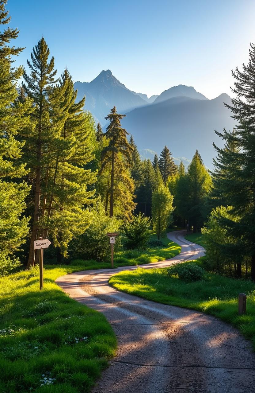 A serene landscape depicting a winding path through a lush green forest, symbolizing a journey of purpose