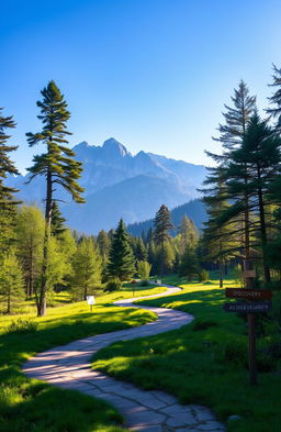 A serene landscape depicting a winding path through a lush green forest, symbolizing a journey of purpose
