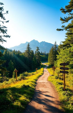 A serene landscape depicting a winding path through a lush green forest, symbolizing a journey of purpose