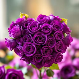 A heart made entirely of vibrant violet roses, artistically arranged to form a perfect heart shape