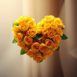 A heart made entirely of vibrant yellow roses, beautifully arranged to form a perfect heart shape, set against a soft blurred background
