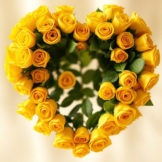 A heart made entirely of vibrant yellow roses, beautifully arranged to form a perfect heart shape, set against a soft blurred background