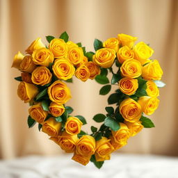 A heart made entirely of vibrant yellow roses, beautifully arranged to form a perfect heart shape, set against a soft blurred background