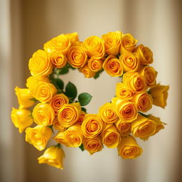 A heart made entirely of vibrant yellow roses, beautifully arranged to form a perfect heart shape, set against a soft blurred background