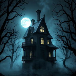 A terrifying 3D rendering of a haunted house, surrounded by a dark, eerie forest