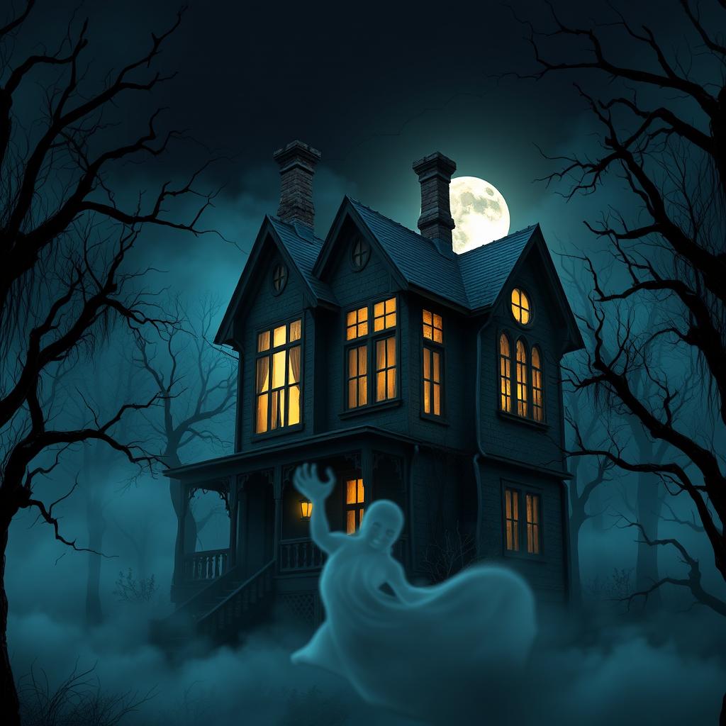 A terrifying 3D rendering of a haunted house, surrounded by a dark, eerie forest