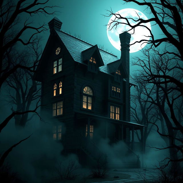 A terrifying 3D rendering of a haunted house, surrounded by a dark, eerie forest