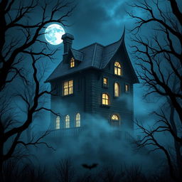 A terrifying 3D rendering of a haunted house, surrounded by a dark, eerie forest