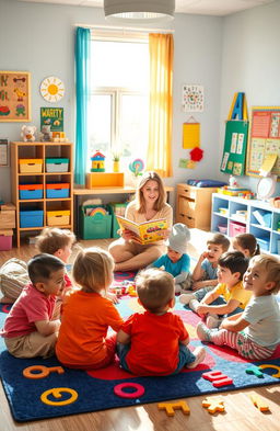 An engaging classroom scene for English language training with children aged 3 and 4 years, featuring a colorful and cheerful environment