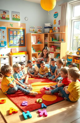 An engaging classroom scene for English language training with children aged 3 and 4 years, featuring a colorful and cheerful environment