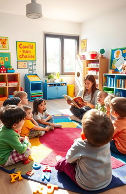 An engaging classroom scene for English language training with children aged 3 and 4 years, featuring a colorful and cheerful environment